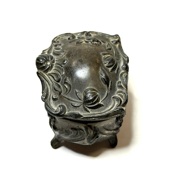 Antique Silver Tone Small Jewelry Trinket Box Casket Hinged Lid Footed Lined - Picture 4 of 9